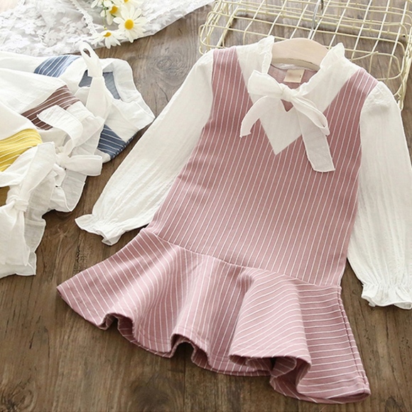 Toddler Girls Bell Sleeve Pleated Skirt Pink Dress - Picture 3 of 4